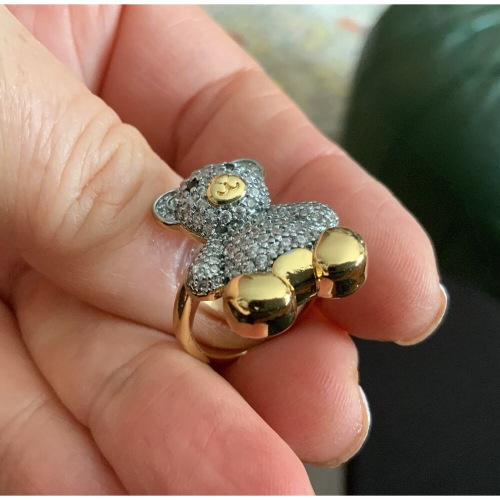 Teddy Bear Gold Ring Sz 6 Silver Pave Boho Retro Whimsical Statement - Picture 6 of 9